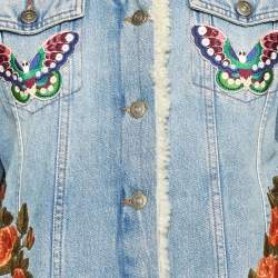 Pre Owned Gucci Blue Floral Appliqued Denim & Shearling Jacket M