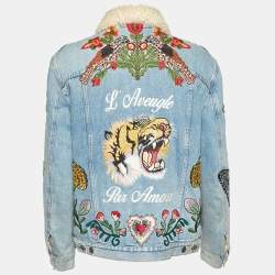 Pre Owned Gucci Blue Floral Appliqued Denim & Shearling Jacket M