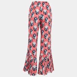 Pre Owned Gucci Pink Geometric Print Silk Pleated Flare Hem Trousers S