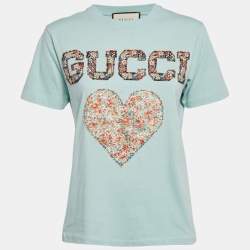 Pre Owned Gucci Blue Heart Applique Jersey Liberty London Edition T-Shirt XS