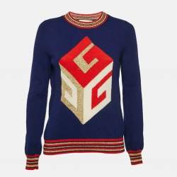 Gucci Navy Blue Cube Intarsia Lurex Wool Knit Sweater XS