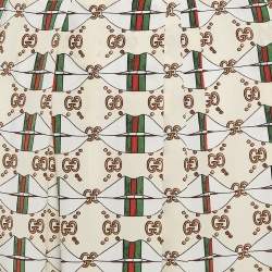 Pre Owned Gucci Beige Web Kisses & Logo Monogram Print Silk Pleated Midi Skirt S