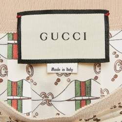 Pre Owned Gucci Beige Web Kisses & Logo Monogram Print Silk Pleated Midi Skirt S