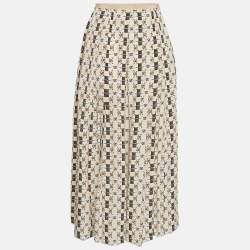 Pre Owned Gucci Beige Web Kisses & Logo Monogram Print Silk Pleated Midi Skirt S