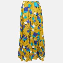 Gucci Yellow/Blue Floral Print Cotton Tiered Maxi Skirt M