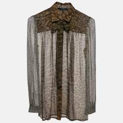 Pre Owned Gucci Brown Printed Chiffon Tie-Up Detail Sheer Shirt S