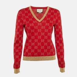 Gucci Red GG Lamé Knit V-Neck Sweater S