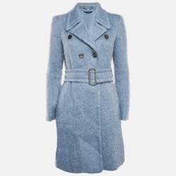 Gucci Blue Textured Mohair Double Breasted Mid-Length Coat S