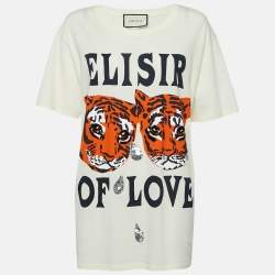 Pre Owned تي شيرت غوتشي قطن بقبة دائرية كريمي إليكسير الحب متوسط