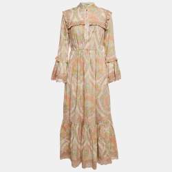 Gucci Pink Printed Silk Blend Ruffled Maxi Dress S