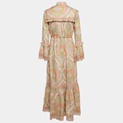Gucci Pink Printed Silk Blend Ruffled Maxi Dress S