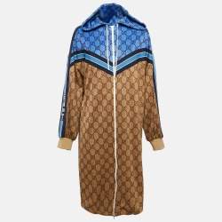 Gucci Brown GG Supreme Print Jersey Zip-Up Pleated Mini Dress S