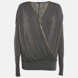 Gucci Dark Grey Jersey Sequin Detail Neck Full Sleeve Top L