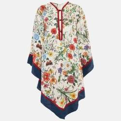 Gucci Cream/Multicolor Floral Print Linen Asymmetric Midi Dress M