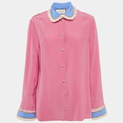 Gucci Pink Silk Contrast Trim Detail Ruffled Blouse L