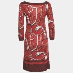 Pre Owned فستان غووتشي جيرسيه مطبوع أحمر داكن بطول الركبة مقاس صغير - سمول