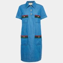 Gucci Blue Denim Web Contrast Trimmed Short Dress L