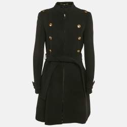 Gucci Black Crepe Zip-Up Button Detail Belted Mid-Length Coat M