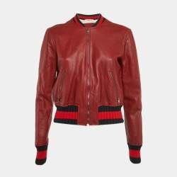 Pre Owned Gucci Burgundy Dragonfly Embellished Leather Zip-Up Bomber Jacket M