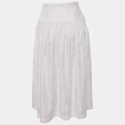 Pre Owned Gucci White Jacquard Cotton Gathered Midi Skirt M