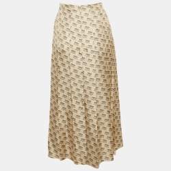 Pre Owned Gucci Beige Invite Stamp Print Silk Pleated Midi Skirt M