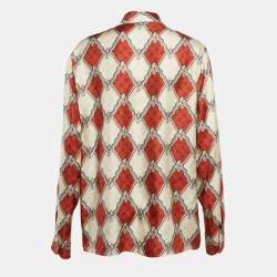 Gucci Brown/Cream Printed Silk Tie-Up Neck Blouse M