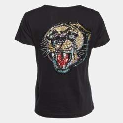 Pre Owned Gucci Black Sequin Embellished Cotton Crew Neck T-Shirt