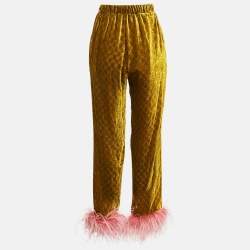 Gucci Yellow GG Interlocking Feather Trim Devore Trousers XS