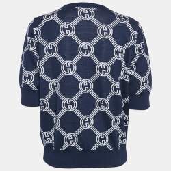Pre Owned Gucci Navy Blue Monogram Jacquard Knit Wool Sweater M