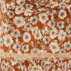 Gucci Brown Floral Print Silk Lace Trimmed Sleeveless Flounce Dress S