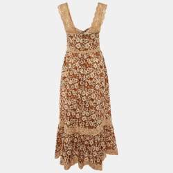 Gucci Brown Floral Print Silk Lace Trimmed Sleeveless Flounce Dress S