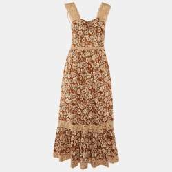Gucci Brown Floral Print Silk Lace Trimmed Sleeveless Flounce Dress S