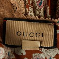 Gucci Brown Floral Print Silk Lace Trimmed Sleeveless Flounce Dress S