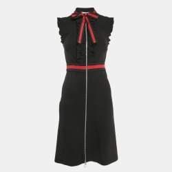 Pre Owned Gucci Black Jersey Ruffled Wed Tape Trim Detail Mini Dress S