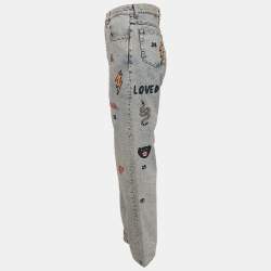 Gucci Blue Embroidered Denim Straight Leg Jeans S Waist 27"
