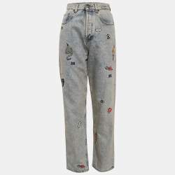 Gucci Blue Embroidered Denim Straight Leg Jeans S Waist 27"