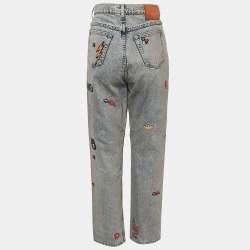 Gucci Blue Embroidered Denim Straight Leg Jeans S Waist 27"