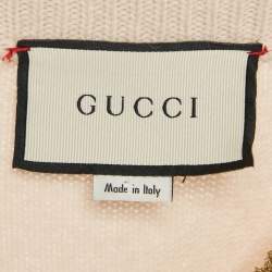 Gucci Beige Embroidered Lurex Trim Wool Knit V-Neck Sweater S