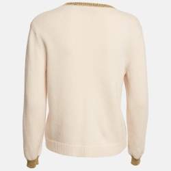Gucci Beige Embroidered Lurex Trim Wool Knit V-Neck Sweater S