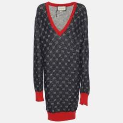 Gucci Bicolor Logo Patterned Knit Contrast Trim Sweater Dress S