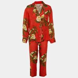 Gucci Red Floral Jacquard Crepe Pajamas Set S