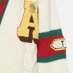 Gucci Cream Cable Knit Web Trim Applique Detail Cardigan M