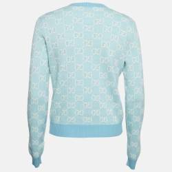 Gucci Blue Monogram Jacquard Cotton and Wool Knit Button Front Cardigan XS