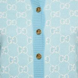 Gucci Blue Monogram Jacquard Cotton and Wool Knit Button Front Cardigan XS
