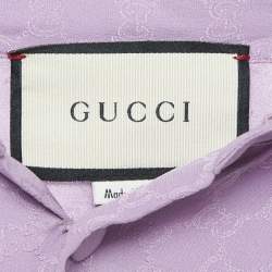 Pre Owned Gucci Purple Monogram Jacquard Silk Neck Tie-Up Shirt L