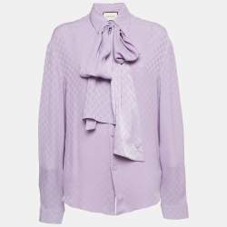 Pre Owned Gucci Purple Monogram Jacquard Silk Neck Tie-Up Shirt L