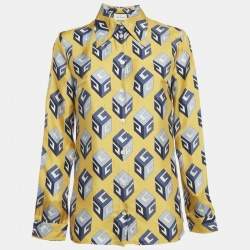 Gucci Yellow Cube Print Silk Long Sleeve Shirt M