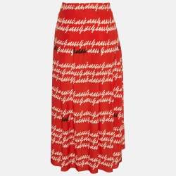 Gucci Red Letters Print Silk Pleated Midi Skirt S