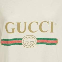Pre Owned Gucci White Distressed Logo Print Cotton Oversized T-Shirt L