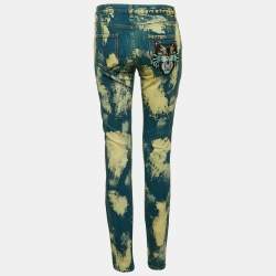 Gucci Blue/Cream Bleached Effect Denim Cat Applique Jeans S Waist 28"
